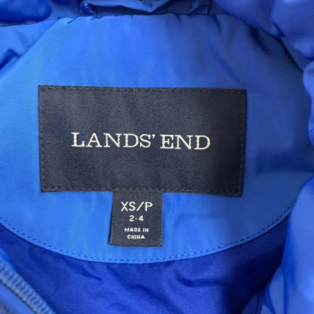 Lands End Down Puffer Vest Womens XS Extra Small Cobalt Blue Zip Up Snap Pockets
